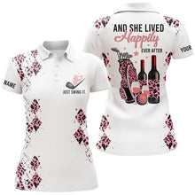 Load image into Gallery viewer, Pink leopard white Womens golf polo shirts custom funny golf and wine and she lived happily ever after NQS6324
