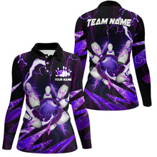 Load image into Gallery viewer, Flame lightning thunder bowling ball pins jerseys Custom Team Bowling Polo Shirts For Women | Purple NQS6550