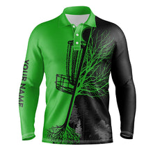 Load image into Gallery viewer, Mens disc golf polo shirt custom name black and green disc golf basket, personalized disc golf shirts NQS7152