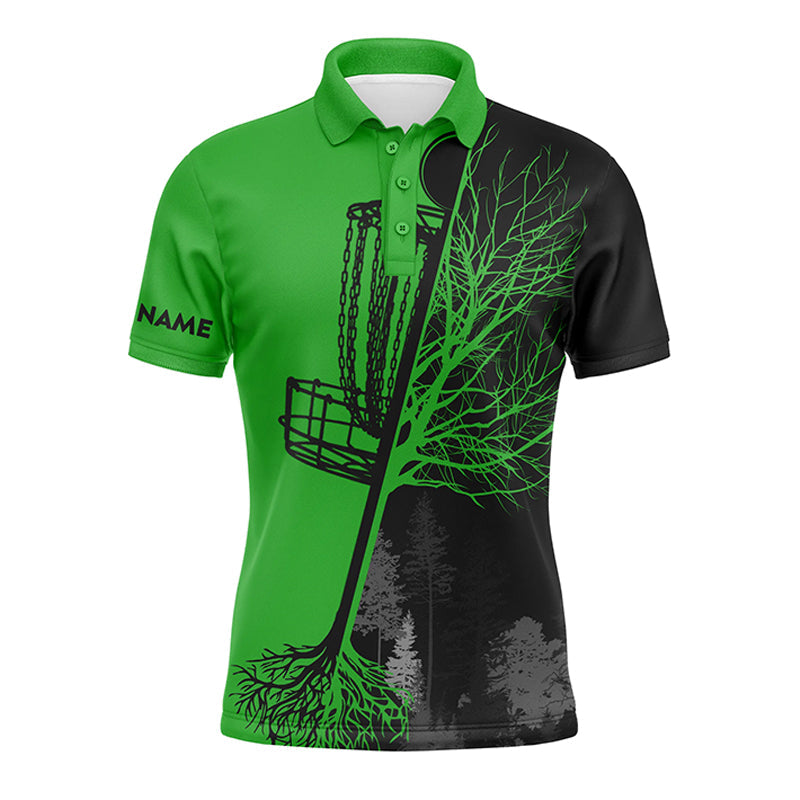 Mens disc golf polo shirt custom name black and green disc golf basket, personalized disc golf shirts NQS7152