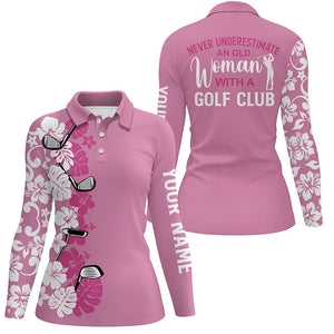 Women golf polo shirt Custom pink tropical golf club never underestimate an old woman with a golf club NQS7266