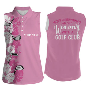 Womens sleeveless polo shirts Custom pink tropical golf clubs an old woman with a golf clubs NQS7266