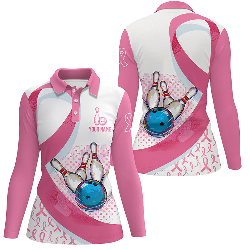 Women bowling polo shirt Custom Pink Ribbon bowling ball pins Breast Cancer Awareness bowling jerseys NQS6338