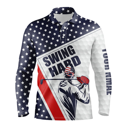 Mens golf polo shirt Swing hard American flag custom name golf performance shirts NQS3448