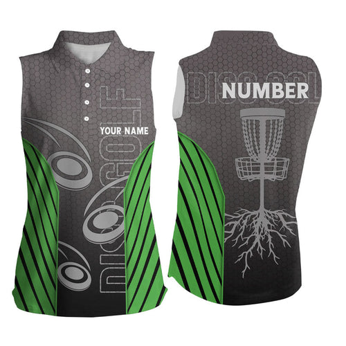 Women sleeveless disc golf polo shirt custom name, number camo disc golf jersey apparel | Green NQS6345
