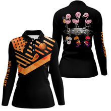 Load image into Gallery viewer, Funny black women golf polo shirts orange American flag custom Halloween Flamingo golf friends NQS6350