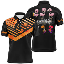 Load image into Gallery viewer, Funny black mens golf polo shirts orange American flag custom name Halloween Flamingo golf friends NQS6350