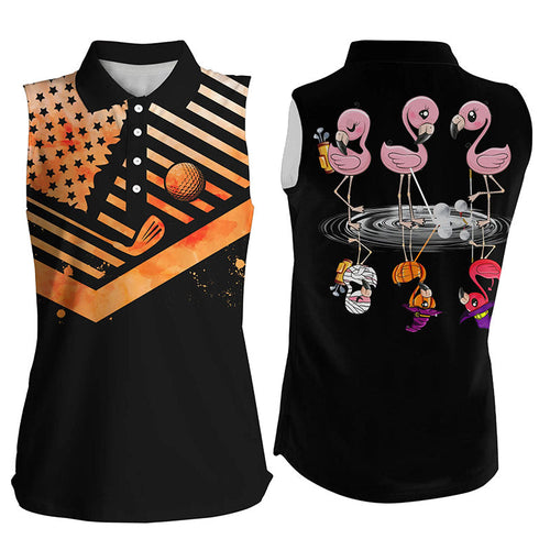 Funny black women sleeveless polo shirts orange American flag Halloween Flamingo golf friends NQS6350
