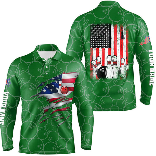 Green Bowling polo shirts for men custom name vintage American flag bowling jerseys NQS6562