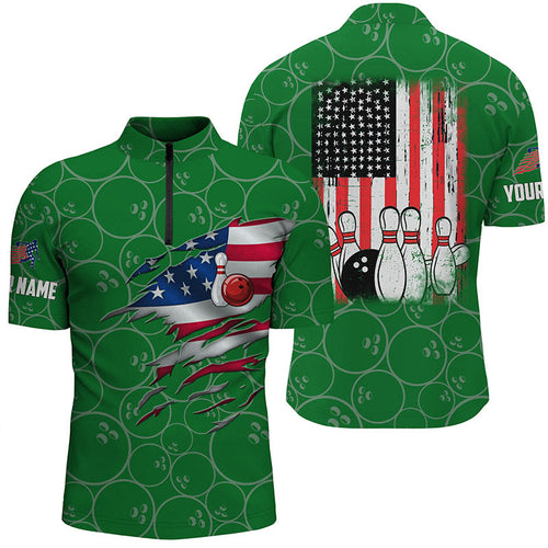 Bowling Quarter Zip shirt for men custom green vintage American flag bowling jerseys NQS6562