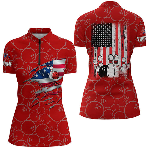 Bowling Quarter Zip Shirt for women custom red retro American flag bowling jerseys NQS6563