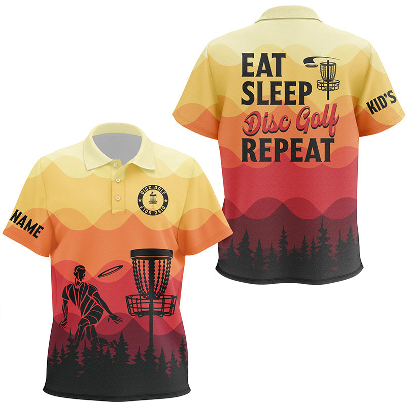 Sunset pattern Kid Disc golf polo shirts custom Eat sleep Disc golf repeat jersey, disc golf shirt NQS6826