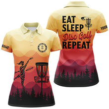 Load image into Gallery viewer, Sunset pattern Women Disc golf polo shirt custom Eat sleep Disc golf repeat jersey, disc golf shirt NQS6826