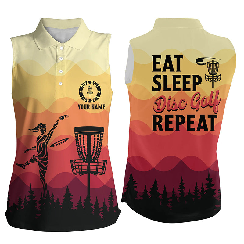 Sunset pattern Womens sleeveless polo shirt custom Eat sleep Disc golf repeat jersey, disc golf NQS6826