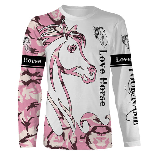 Love horse skull pink camo 3d shirts, personalized horse t shirt designs, camo hoodie, camo horse jacket, gift for horse lovers NQS2811
