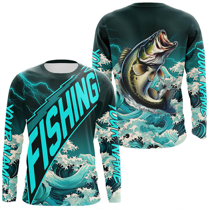 Largemouth Bass fishing Cyan Blue Ocean wave lightning thunder Custom performance Bass fishing jerseys NQS7277