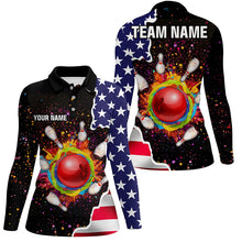Load image into Gallery viewer, American flag colorful painted Bowling ball pins Custom Team League Bowling Polo Shirts For Ladies NQS6580