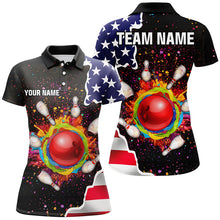 Load image into Gallery viewer, American flag colorful painted Bowling ball pins Custom Team League Bowling Polo Shirts For Ladies NQS6580