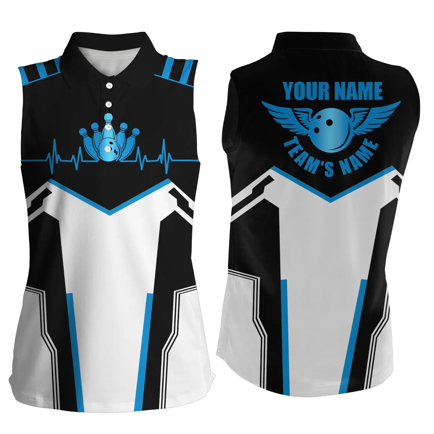 Custom Black white sleeveless bowling shirt for women – personalized team jersey front view