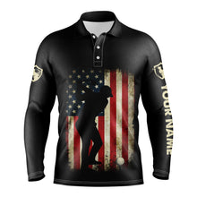 Load image into Gallery viewer, Vintage American flag patriotic US flag custom name black golf polo shirts - golf gift ideas for him NQS3594