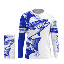 Load image into Gallery viewer, Personalized King salmon fishing tattoo jerseys, salmon Long Sleeve Fishing tournament shirts | Blue NQS3737