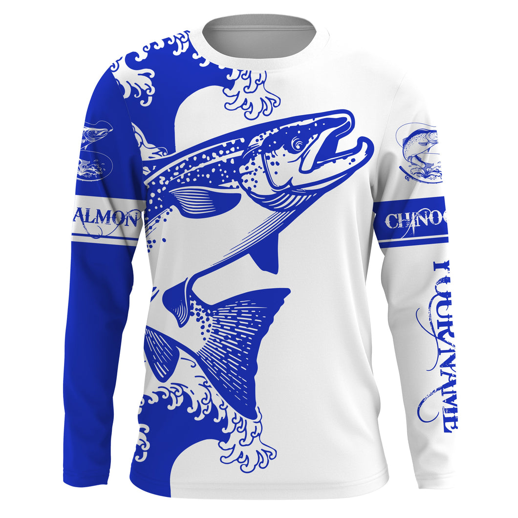 Personalized King salmon fishing tattoo jerseys, salmon Long Sleeve Fishing tournament shirts | Blue NQS3737