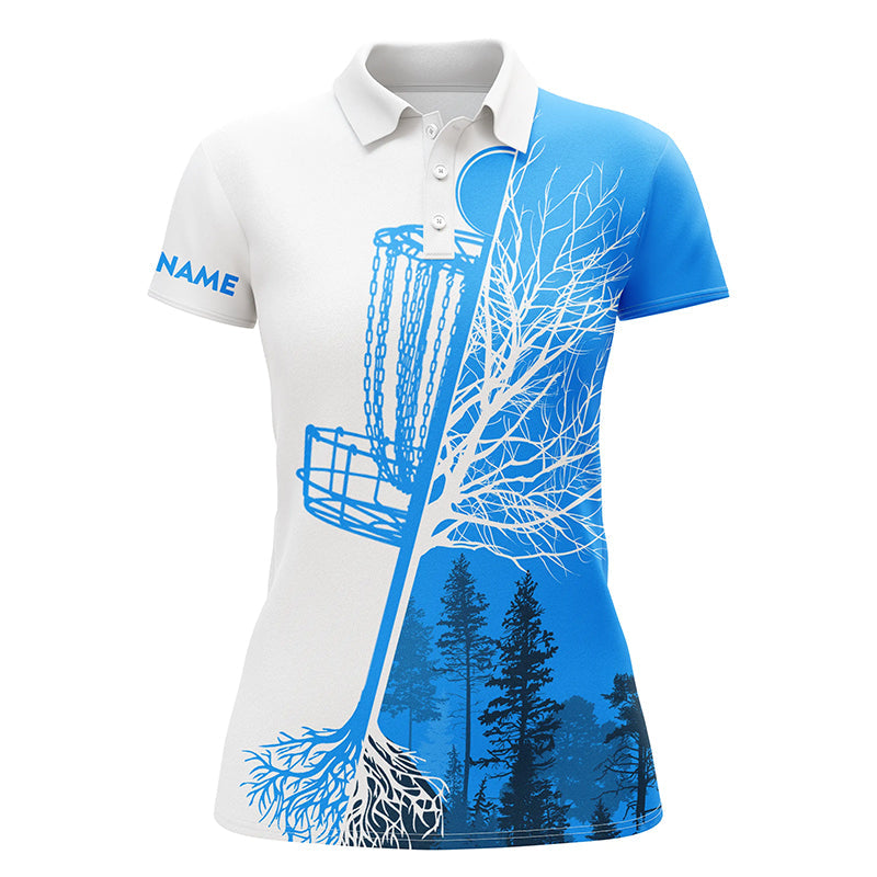 Womens disc golf polo shirt custom name blue & white disc golf basket, personalized disc golf shirts NQS4546