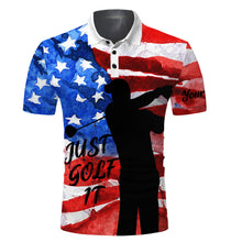 Load image into Gallery viewer, Mens patriotic golf polo shirt American flag Just golf it custom name unique gifts for golf lovers NQS3467