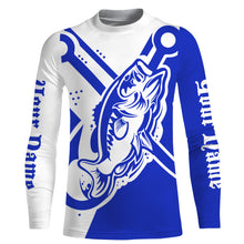 Load image into Gallery viewer, Largemouth bass fishing tattoo fish on Custom Name performance long sleeve fishing shirt | Blue NQS3746