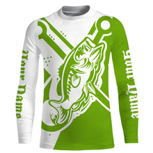 Load image into Gallery viewer, Largemouth bass fishing tattoo fish on Custom Name performance long sleeve fishing shirt | Green NQS3747