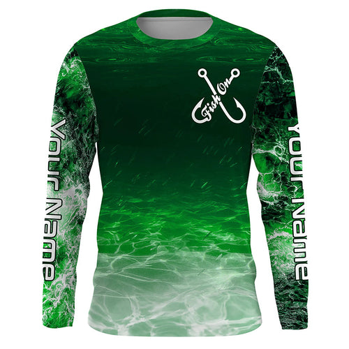 Fish on green sea water camo Custom Name performance long sleeve fishing shirts uv protection NQS7039