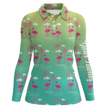 Load image into Gallery viewer, Green Gradient Tropical pattern with pink flamingos custom Womens golf polo shirt, golfing gifts NQS6857