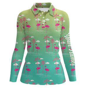 Green Gradient Tropical pattern with pink flamingos custom Womens golf polo shirt, golfing gifts NQS6857