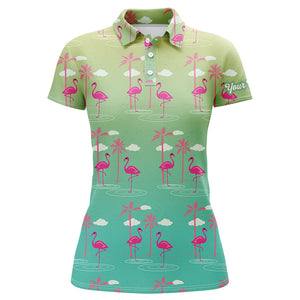 Green Gradient Tropical pattern with pink flamingos custom Womens golf polo shirt, golfing gifts NQS6857