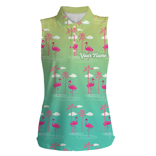 Green Gradient Tropical pattern with pink flamingos custom Womens sleeveless polo shirt, golfing gifts NQS6857