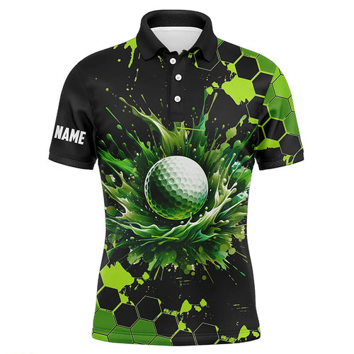 Mens golf polo shirts custom black and green watercolor golf tops for men, gift for golf lovers NQS7292