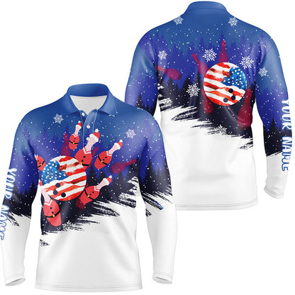 Mens Bowling Polo Shirts Custom Christmas Bowling Santa pins American Flag team mens blue Jerseys NQS6614
