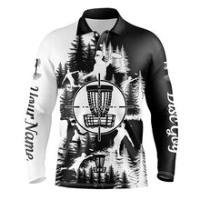 Load image into Gallery viewer, Black and white Mens disc golf polo shirts custom disc golf basket disc golf shirt, disc golf gifts NQS7296