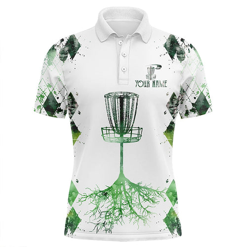 Watercolor green argyle pattern white Mens disc golf polo shirts custom disc golf disc golf shirt NQS7297