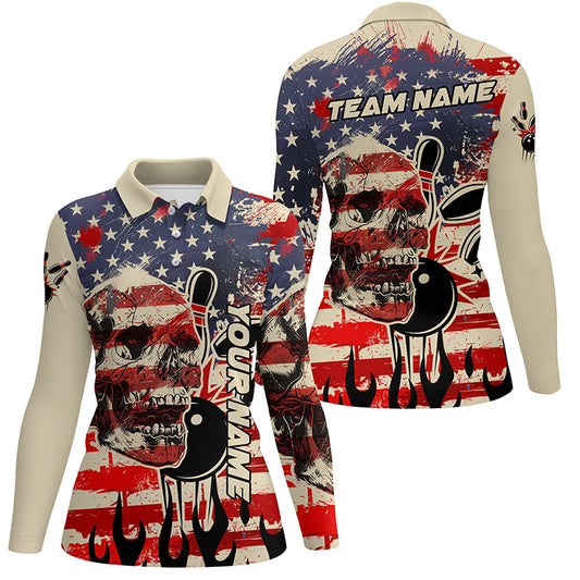 American flag skull bowling polo shirts for women Custom Team ladies bowling jerseys, gift for bowlers NQS7305