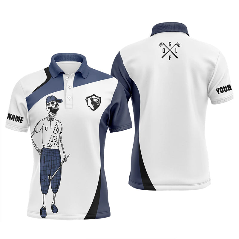 Blue and white Mens golf polos shirts custom name funny golf skull golf shirt, golfing gift for him NQS5276
