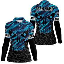 Load image into Gallery viewer, Personalized Skull Bowling Shirt for women Custom Team&#39;s Name blue camo Bowler Jersey Polo Shirt NQS6410