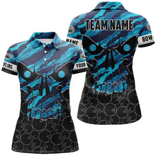 Load image into Gallery viewer, Personalized Skull Bowling Shirt for women Custom Team&#39;s Name blue camo Bowler Jersey Polo Shirt NQS6410