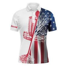 Load image into Gallery viewer, Mens disc golf polo shirt custom name American flag disc golf basket, personalized disc golf shirts NQS4738