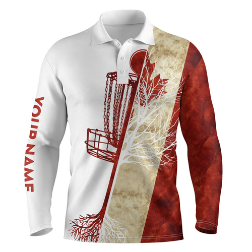 Mens disc golf polo shirt custom name Canadian flag disc golf basket, personalized disc golf shirts NQS4739