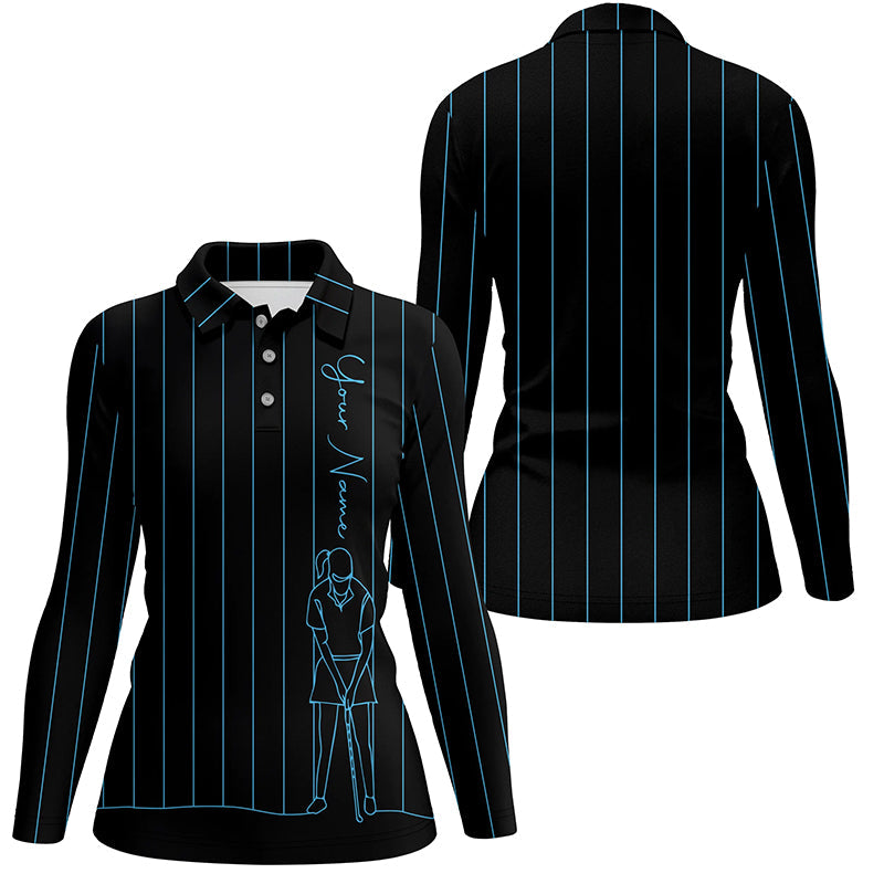 Personalized golf polo shirt for women custom blue stripes black golf tops womens, golf gift for girl NQS7308