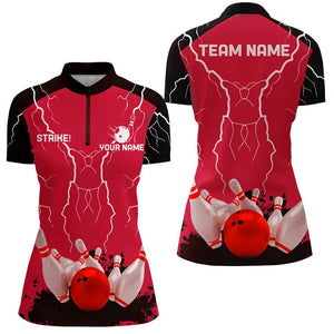 Womens bowling Quarter Zip shirt Custom bowling strike lightning storm team league jersey | Red NQS6646