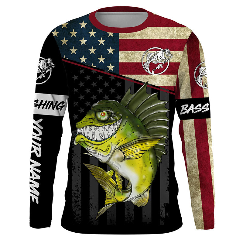 Funny Bass fishing American flag UV protection Custom long sleeve fishing shirt, Bass fishing jerseys NQS4383