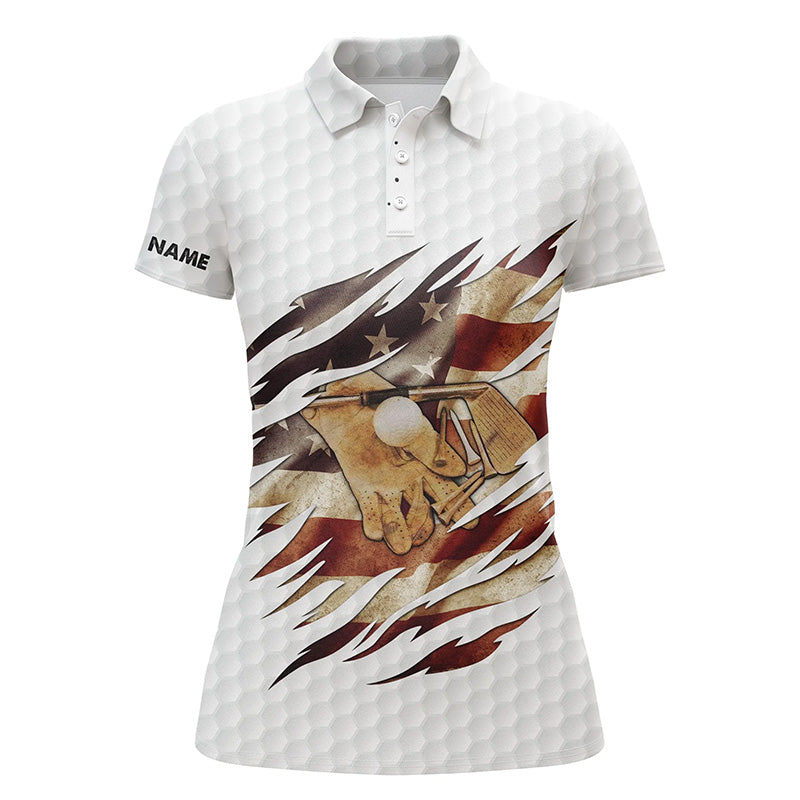 American flag white Womens golf polos shirts custom name patriot golf gifts, golf shirts for women NQS4581
