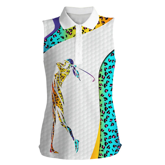 Rainbow neon leopard pattern golf white Womens sleeveless polo shirts - golf gifts for women NQS4977